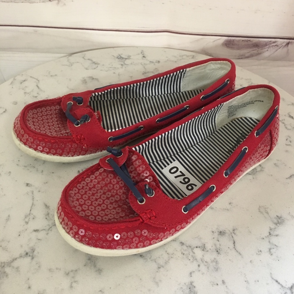 US 7.5 Red White Blue Sequin Flats Nautical Boat